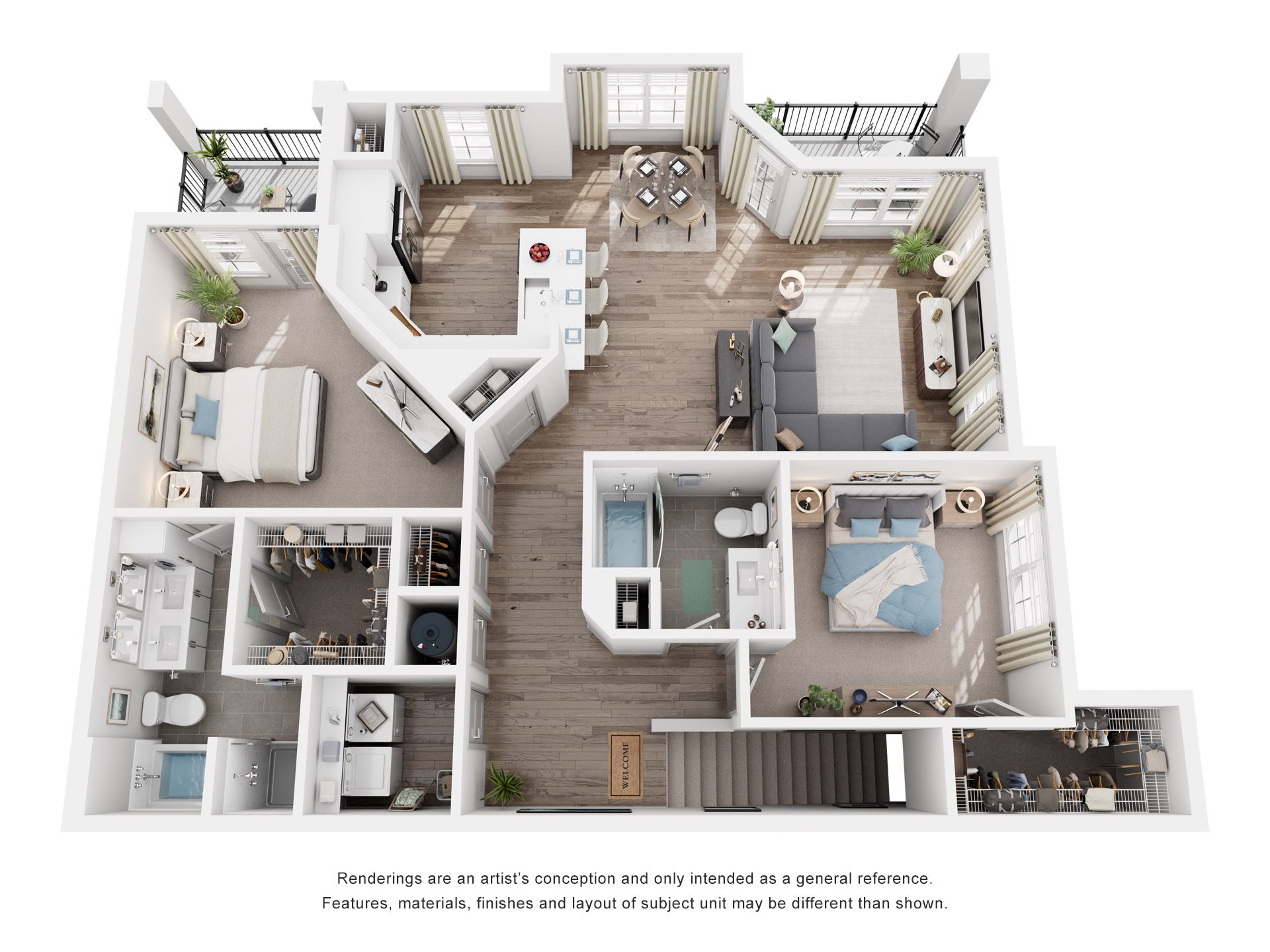 Floor plan for 2 beds, 2 baths, 1327 sqft